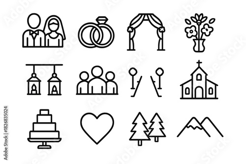 Wedding Icon Line Set. Wedding Ceremony. Line icon set of Wedding Ceremony: bride and groom, wedding rings, arch, floral arrangement, lanterns, guests,