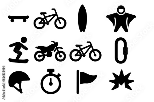 Extreme Sports Icons. Extreme Sports. Solid icon set of Extreme Sports: skateboard, BMX, surfboard, wingsuit, snowboard, dirt bike, mountain bike, climbing
