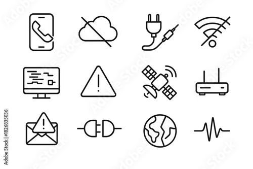 Digital Disconnection Icons. Digital disconnection. Line icon set of digital disconnection: phone off, cloud with slash, cable unplugged, wifi signal lost,