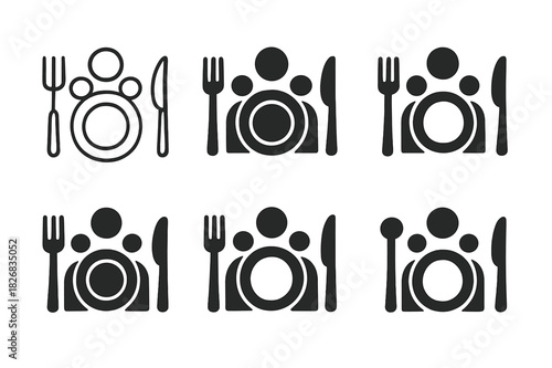 Minimalist Dinner Icons. Family dinner. Icon set. Set Logo of plates and cutlery. harmonious logo variations of the same emblematic concept (Symmetrical form,