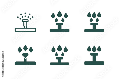 Irrigation Systems Logos. Water-efficient irrigation systems. Icon set. Set Logo of irrigation: sprinkler system with water droplets. harmonious logo