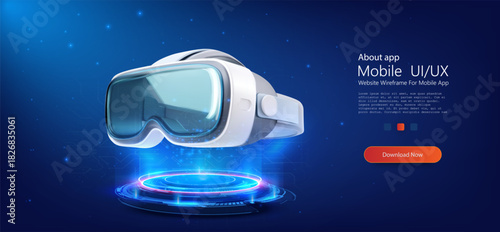 3d futuristic vr headset goggles floating above blue neon holographic platform on digital tech background