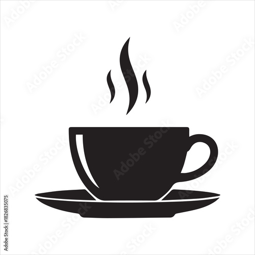 Steaming hot coffee cup icon on saucer, simple black silhouette