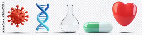 3d medical research icons set with red virus blue dna strand glass lab flask green capsule pill and red heart on transparent background