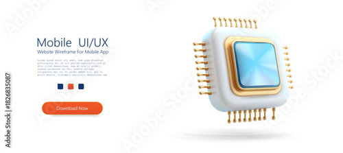 3d blue and gold microchip processor icon with metallic pins isolated on white background technology concept. Vector illustration