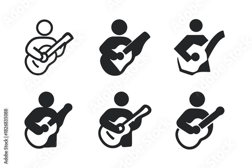 Guitar Logo Variations. Playing a musical instrument. Icon set. Set Logo of playing a musical instrument: guitar. harmonious logo variations of the same