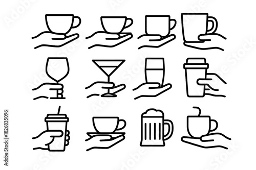 Cup Holding Icons. Holding a Cup. Line icon set of Holding a Cup: hand holding coffee cup, hand holding tea cup, hand holding mug, hand holding wine glass,
