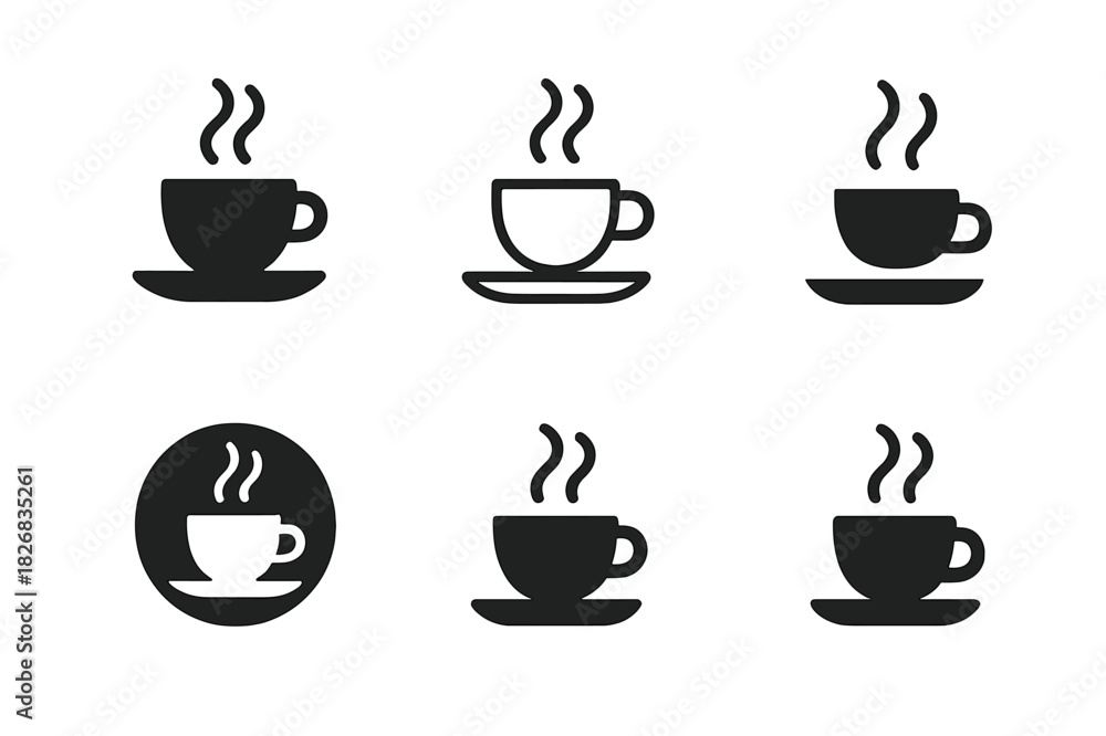 Obraz premium Espresso Logo Variations. Espresso cup. Icon set. Set Logo of steaming espresso cup. harmonious logo variations of the same emblematic concept (Symmetrical