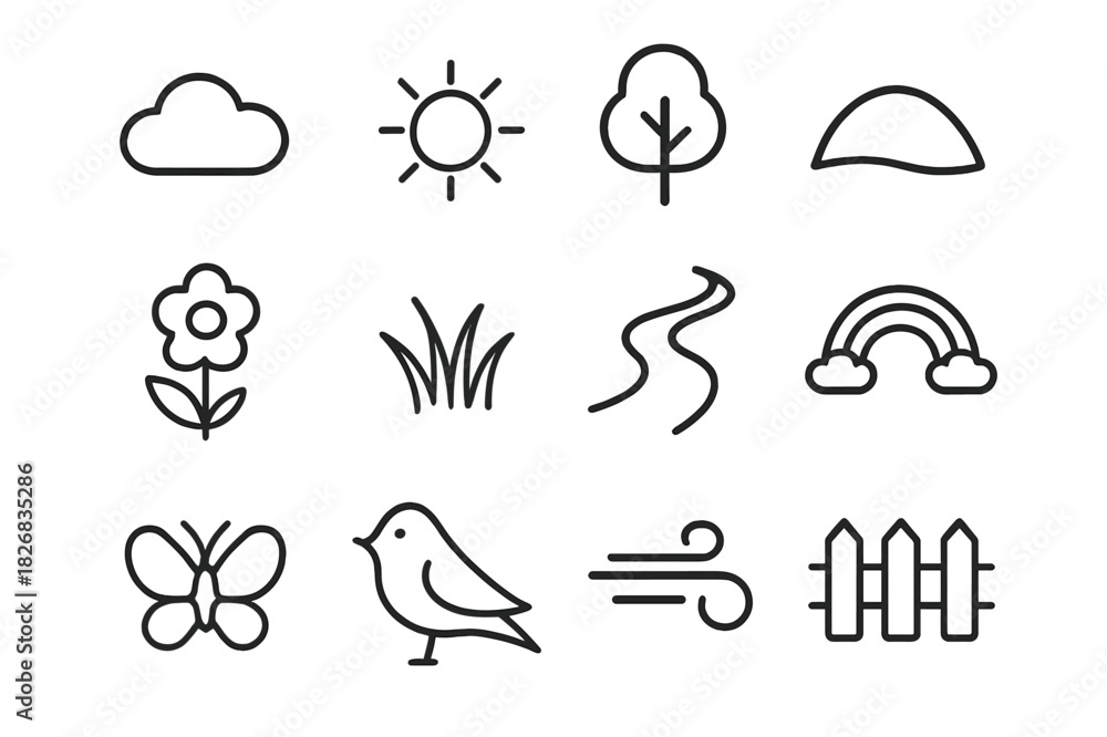 Obraz premium Pastel Landscape Icons. Pastel Landscapes. Line icon set of Pastel Landscapes: cloud, sun, tree, hill, flower, grass, river, rainbow, butterfly, bird, wind,
