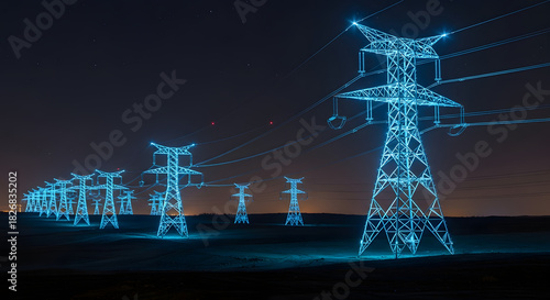High Voltage Power Lines and Transmission Towers Glowing Blue at Night, Energy Infrastructure and Technology Concept.