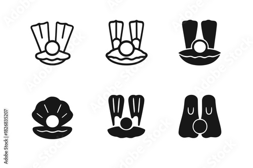 Diving Fins Icons. Pearl divers. Icon set. Set Logo of diving fins. harmonious logo variations of the same emblematic concept (Minimal outline, Stylized