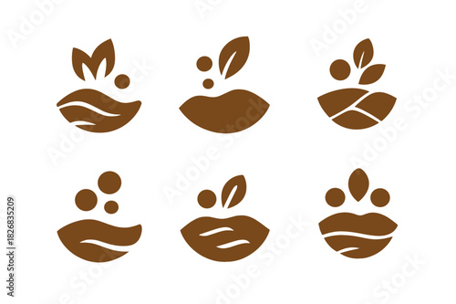 Image Generation. soil. Icon set. Set Logo of soil: soil with compost elements. harmonious logo variations of the same emblematic concept, each with different