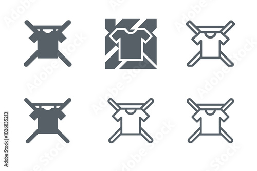 Clothes Drying Icons. Hanging up clothes immediately after laundry. Icon set. Set Logo of hanging up clothes immediately after laundry: drying rack. harmonious