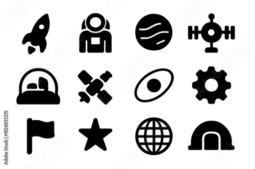 Interplanetary Icon Set. Interplanetary future. Solid icon set of interplanetary future: rocket, astronaut, planet, space station, dome city, satellite, orbit,
