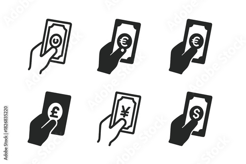 Foreign Money Icon Set. Counting foreign money. Icon set. Set Logo of banknotes. harmonious logo variations of the same emblematic concept (Symmetrical form,