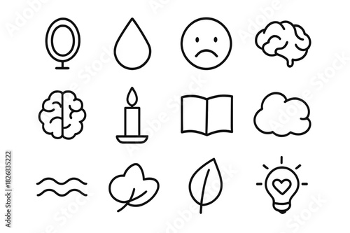 Emotional Reflection Icons. Emotional reflection. Line icon set of emotional reflection: mirror, teardrop, face, brain, candle, book, wave, cloud, leaf, eye,