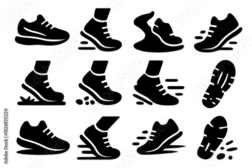 Running Shoes Icons. Running Shoes Close-Up. Solid icon set of sneakers, foot striking ground, trail path, motion lines, socks, dirt, grass, pebble, ankle,