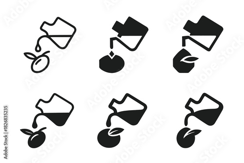 Olive Oil Logos. pouring olive oil. Icon set. Set Logo of pouring olive oil: olive fruit. harmonious logo variations of the same emblematic concept, each with