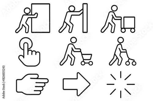 Push Action Icons. Push actions. Line icon set of push actions: person pushing door, pushing wall, pushing box, hand pressing button, pushing cart, pushing