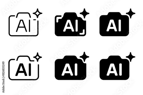 AI Creative Industries Logos. AI in creative industries. Icon set. Set Logo of AI in creative industries: camera with AI framing brackets and