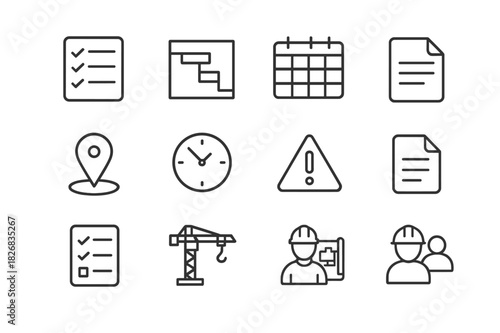 Construction Workflow Icons. Construction workflow. Line icon set of Construction workflow: task list, Gantt chart, calendar, progress bar, milestone marker,