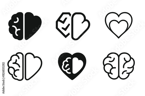 Mental Well-being Icons. mental well-being. Icon set. Set Logo of mental well-being: balanced brain and heart. harmonious logo variations of the same