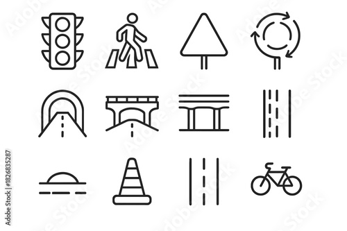 Traffic Icon Set. Traffic infrastructure. Line icon set of traffic infrastructure: traffic light, pedestrian crossing, road sign, roundabout, tunnel, bridge,