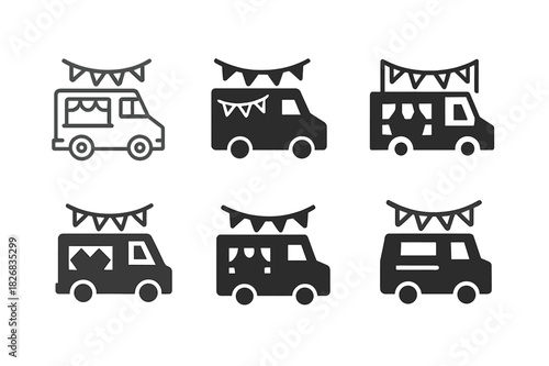 Food Truck Logos. Food truck street parties. Icon set. Set Logo of food truck street parties: food truck with festive string lights. harmonious logo variations