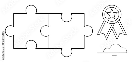 Two joined puzzle pieces, a star badge, and a cloud convey connection, teamwork, success, and vision. Ideal for problem-solving, goal-setting, partnership recognition simplicity and innovative