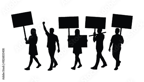 Silhouettes of people marching with protest signs on a white background