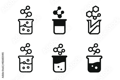 Chemical Composition Logos. Chemical composition. Icon set. Set Logo of chemical composition: beaker with molecular symbols emerging as vapor. harmonious logo