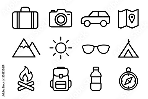 Weekend Adventure Icons. Weekend trip. Line icon set of weekend trip: suitcase, camera, car, map, mountain, sun, sunglasses, tent, campfire, backpack, water