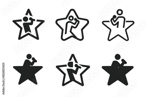 TV Singing Icon Set. Singing for TV shows and live performances. Icon set. Set Logo of singing for TV shows and live performances: star-shaped stage.