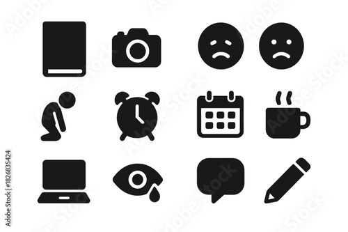 Everyday Struggle Icons. Menstrual Health. Line icon set of Menstrual Health: uterus, ovary, calendar, pad, tampon, menstrual cycle chart, hormone symbol,