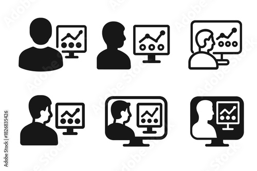 Digital Marketing Emblems. A digital marketing expert analyzing social media performance on a computer. Icon set. Set Logo of a digital marketing expert