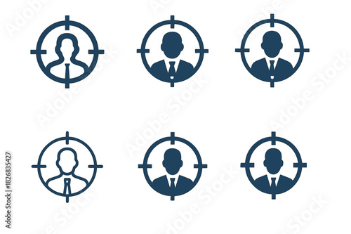 Salesperson Logo Variations. Salesperson. Icon set. Set Logo of salesperson: target with bullseye and business figure silhouette. harmonious logo variations of