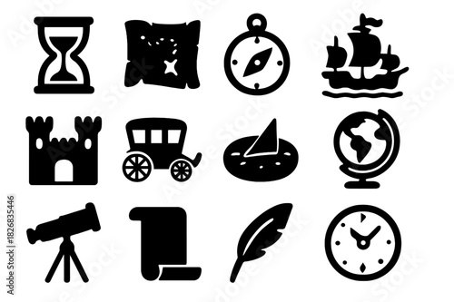 Historic Travel Icons. Travel through centuries. Solid icon set of Travel through centuries: hourglass, old map, compass, ancient ship, castle, vintage