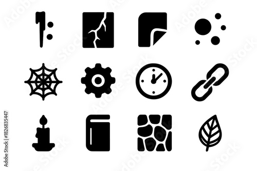 Decay and Time Icons. Decay and Time. Solid icon set of Decay and Time: rust mark, cracked surface, peeling paint, dust particle, cobweb, gear, clock, chain,