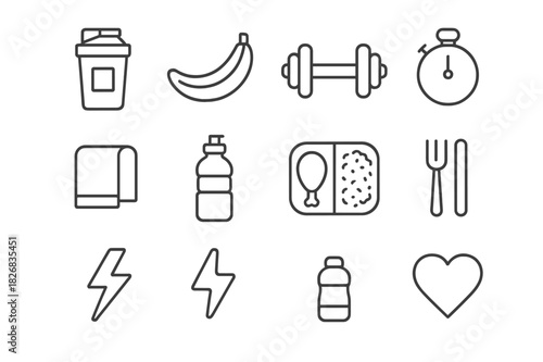 Post-Workout Icon Set. Post-workout nutrition. Line icon set of post-workout nutrition: protein shake, banana, dumbbell, stopwatch, towel, water bottle, meal
