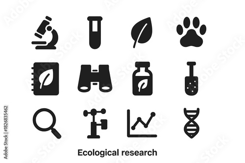 Ecological Research Icons. Ecological research. Solid icon set of ecological research: microscope, test tube, plant leaf, animal paw, field notebook,