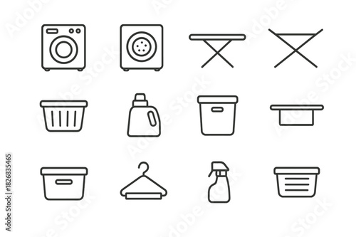 Compact Laundry Icon Set. Compact laundry appliances. Line icon set of compact laundry appliances: mini washing machine, tabletop dryer, handheld iron,