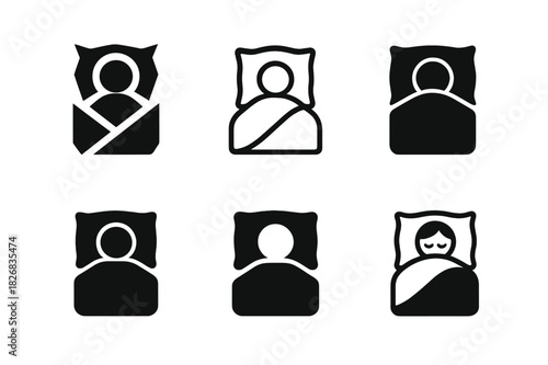 Snuggle Logo Variations. Snuggling under the covers. Icon set. Set Logo of snuggling under the covers: pillow and blanket symbol. harmonious logo variations of