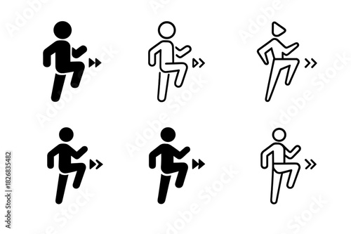 High Knees Logo Variations. high knees exercise. Icon set. Set Logo of high knees exercise: person with motion arrows. harmonious logo variations of the same