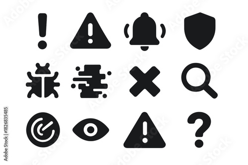 Critical Alert Icons. Critical Alert. Solid icon set of exclamation mark, warning sign, alarm, shield, bug, glitch, cross mark, magnifying glass, radar, eye,