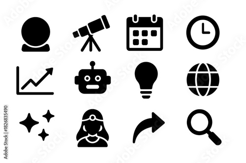 Future Vision Icons. Vision of Future. Solid icon set of crystal ball, telescope, calendar, clock, graph, AI robot, light bulb, globe, stars, fortune teller,