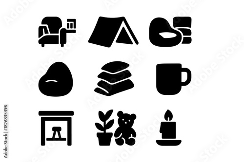 Cozy Personal Spaces. Personal Corners. Solid icon set of Personal Corners: reading nook, blanket fort, bean bag, pillow stack, side table, mug, open book,