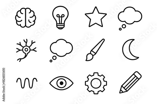 Mind Imagination Icons. Mind and imagination. Line icon set of mind and imagination: brain, light bulb, star, dream cloud, neuron, thought bubble, paintbrush,