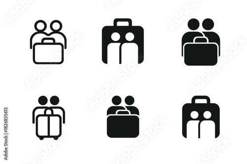 Shared Suitcase Icons. Traveling together. Icon set. Set Logo of shared suitcase. harmonious logo variations of the same emblematic concept (Minimal outline,