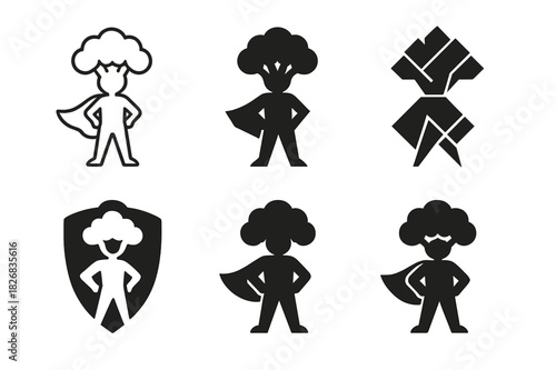 Veggie Superhero Logos. childhood obesity prevention. Icon set. Set Logo of childhood obesity prevention: veggie-themed superhero icon. harmonious logo