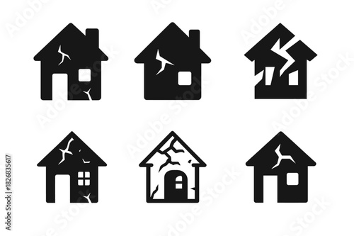 Abandoned House Logos. Dilapidated house with no sign of life. Icon set. Set Logo of abandoned home: cracked walls and no light. harmonious logo variations of